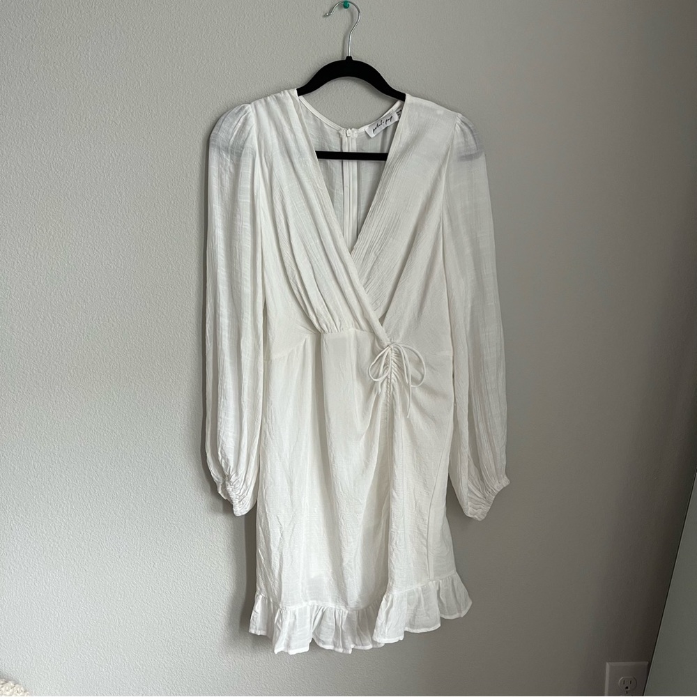 Petal and Pup White Long Sleeve Wrap Dress with Cinched Waist and Ruffled Edge